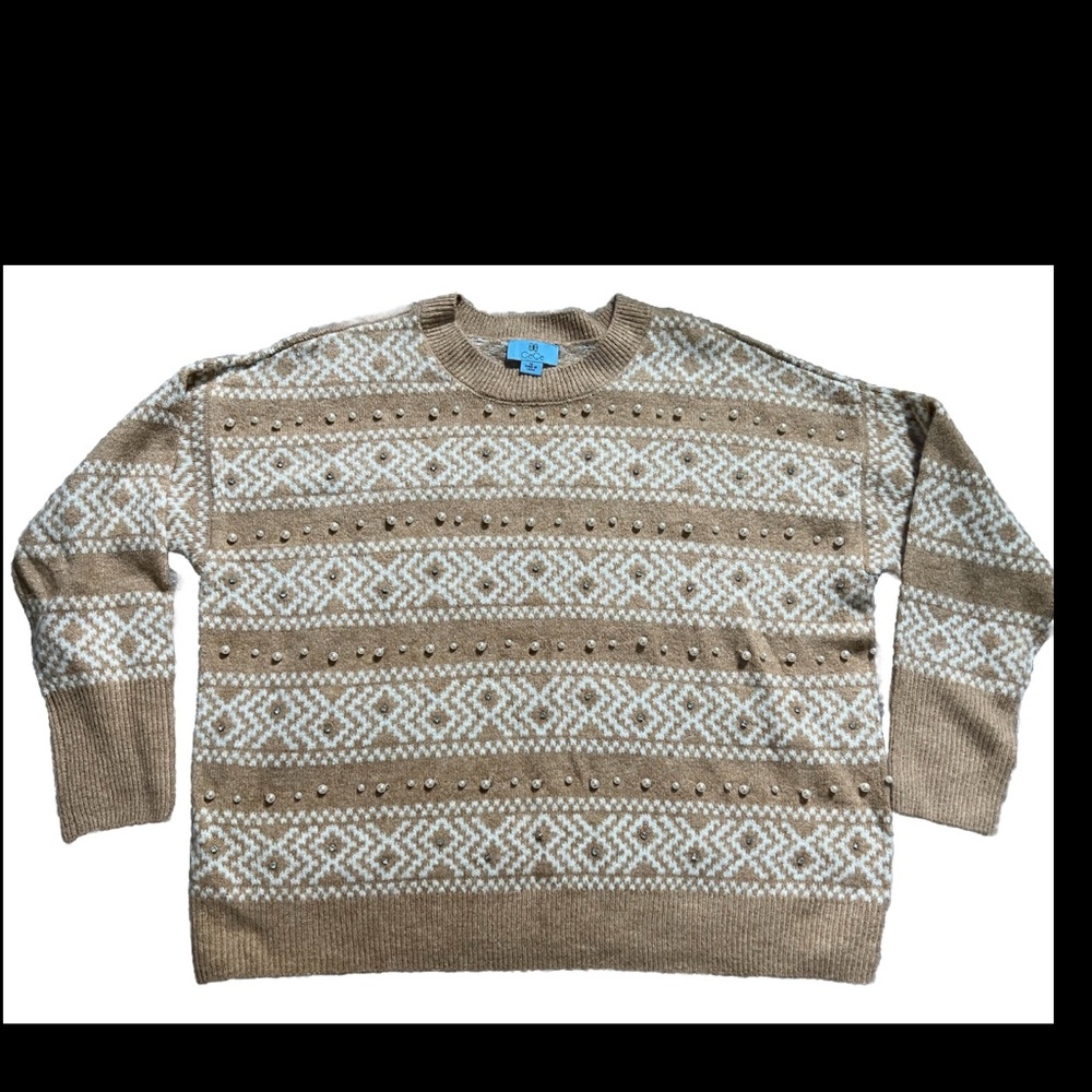 Cece Medium Embellished Pullover Knit Sweater Women Camel Beige EUC
